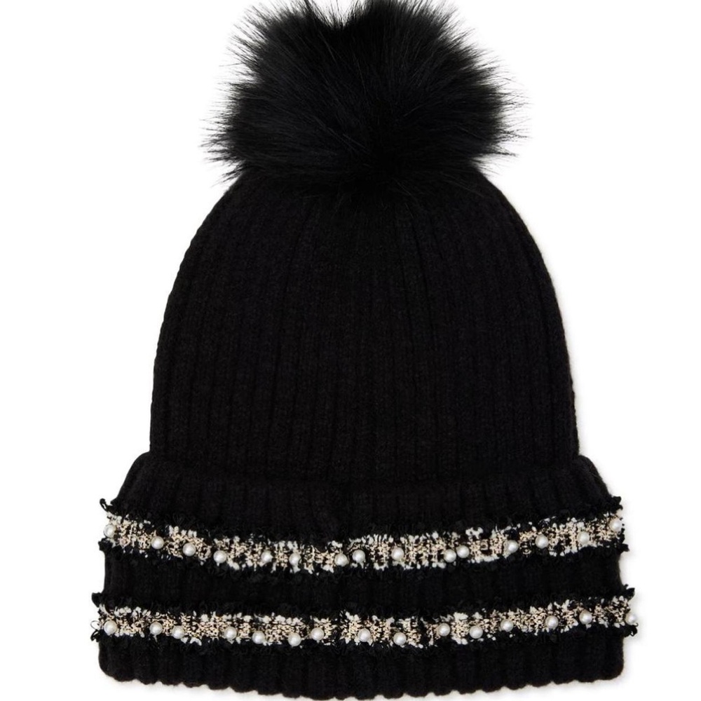 TIME AND TRU like new Black Knit Beanie with Faux Fur Pom with pearls - Picture 2 of 4